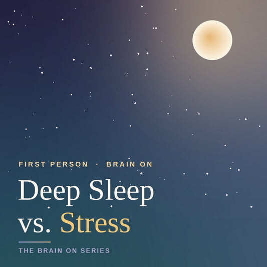 Twilight night sky with a golden moon and aurora glow, Deep Sleep vs. Stress, First Person Brain On series
